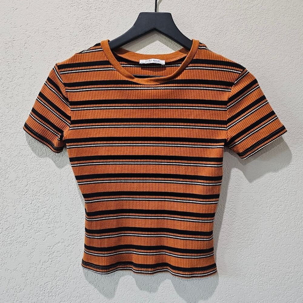 Zara Orange and Black Striped Short Sleeve Tee
